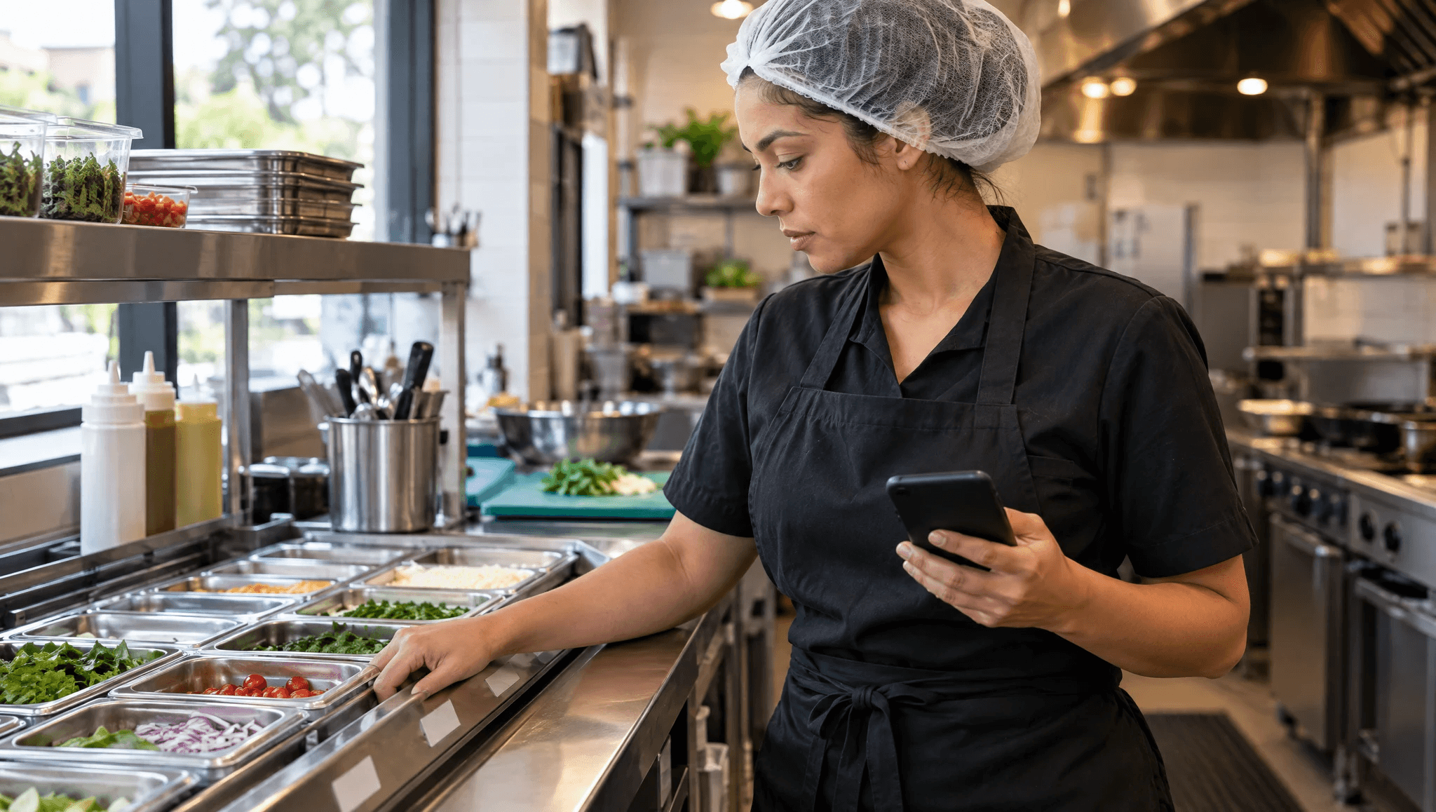 Cozinheira de avental preto confere a bancada de preparo com o celular na mão, em uma cozinha de restaurante iluminada por luz natural