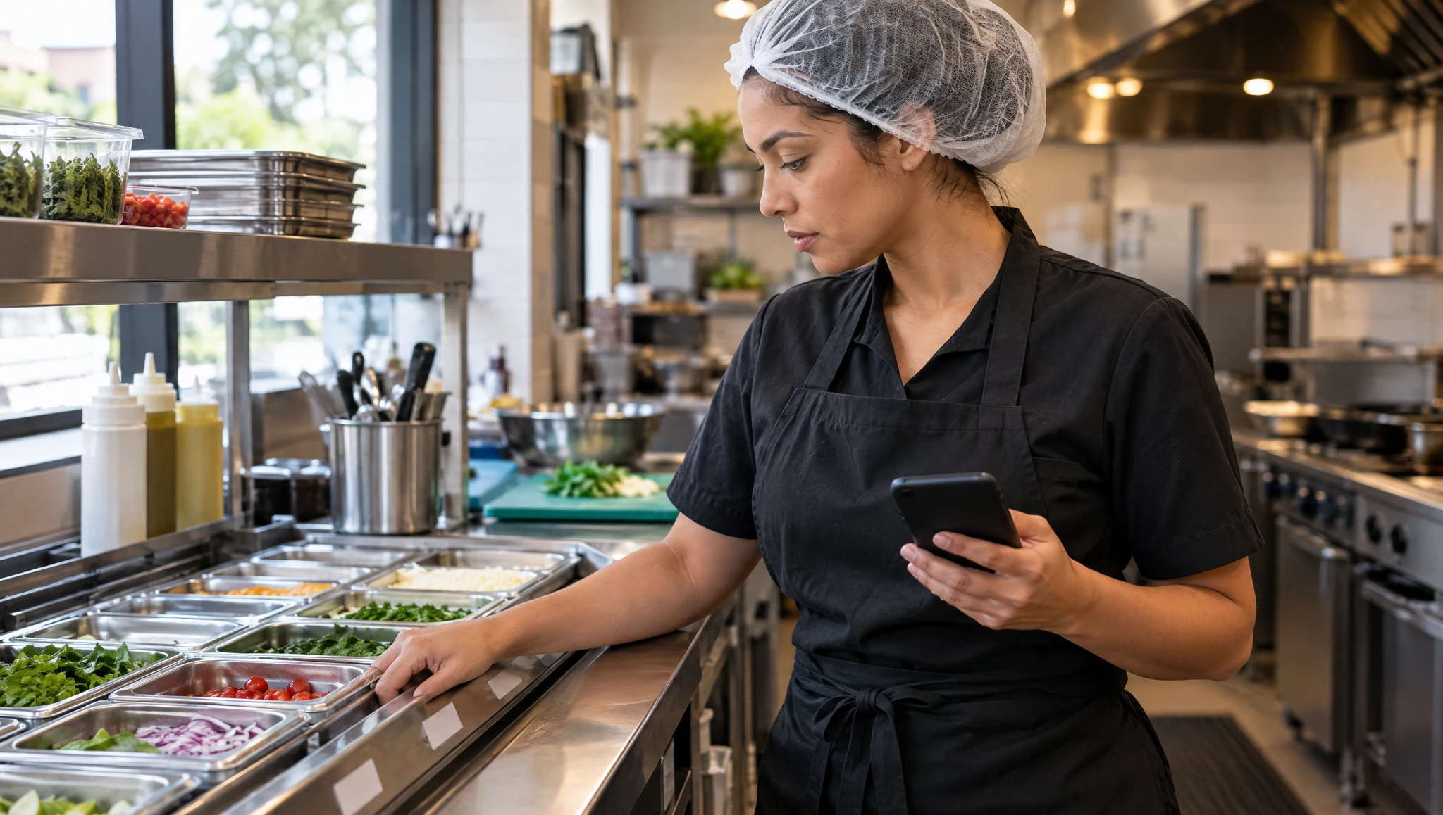 Cozinheira confere a bancada de preparo com o celular na mão