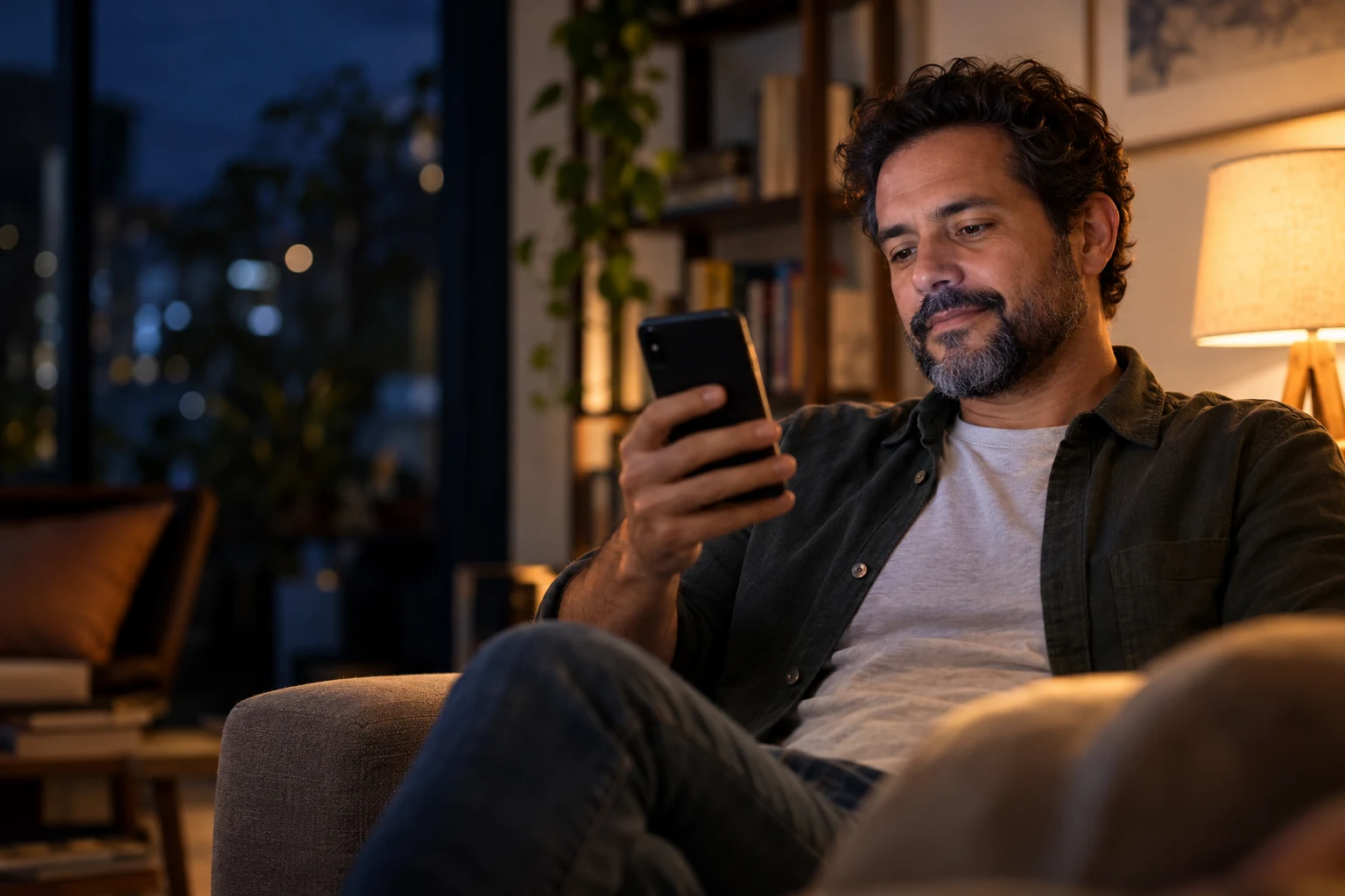 Dono de restaurante em casa, à noite, lendo uma notificação no celular