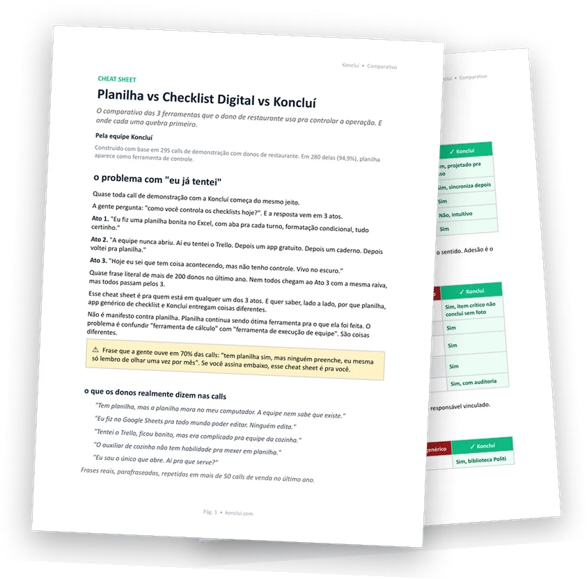 Páginas reais do comparativo planilha vs checklist vs Koncluí